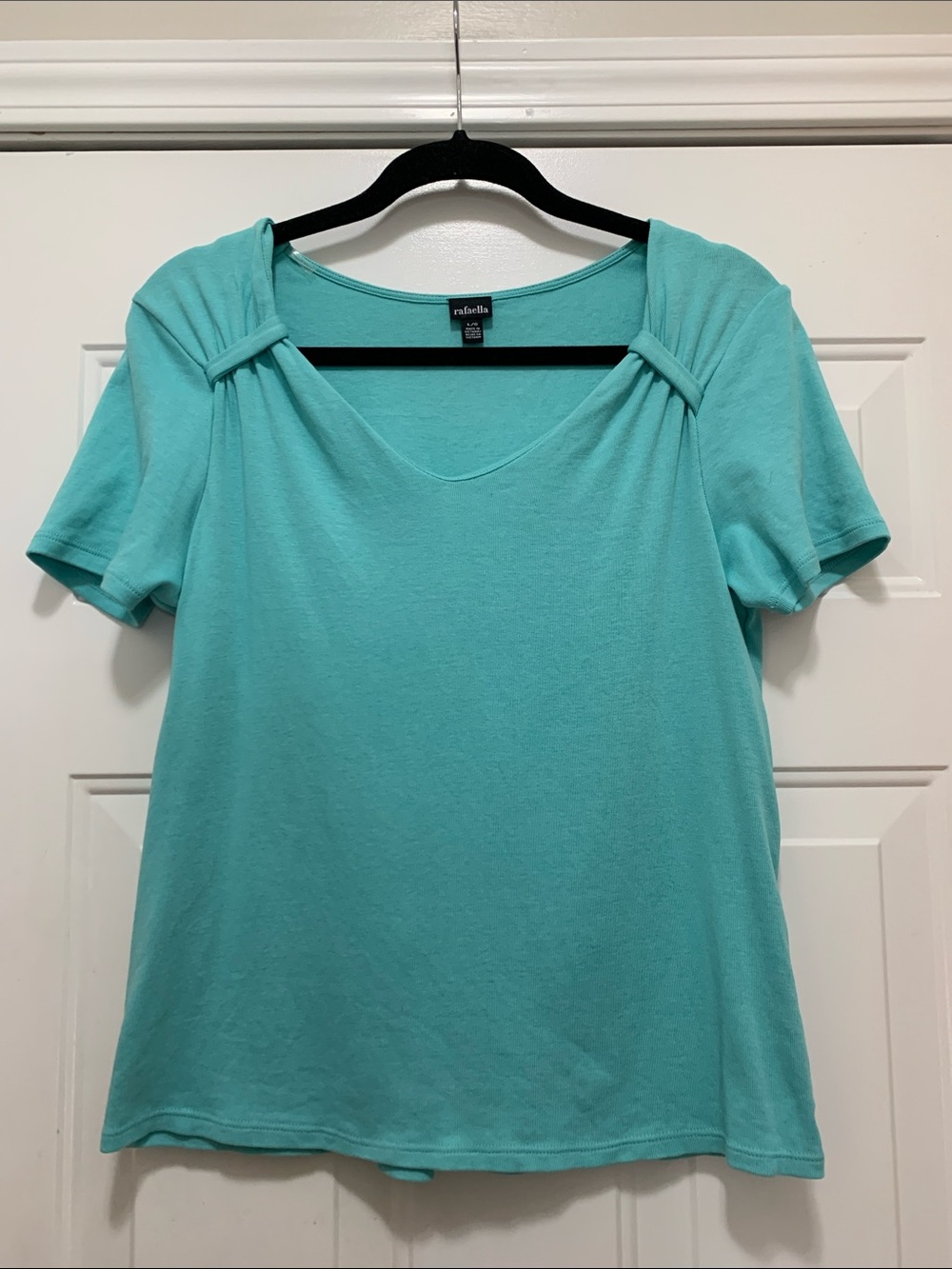 4/$10 Rafaella Aqua Short-Sleeve 100% Cotton Knit Top with Shoulder Detail Large